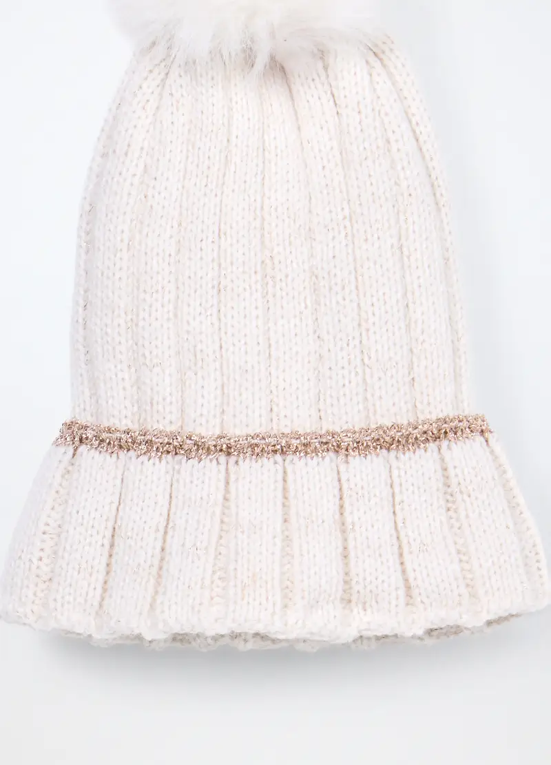 Berretto Tricot Con Pon Pom, Bambina, Bianco panna miniatura 3