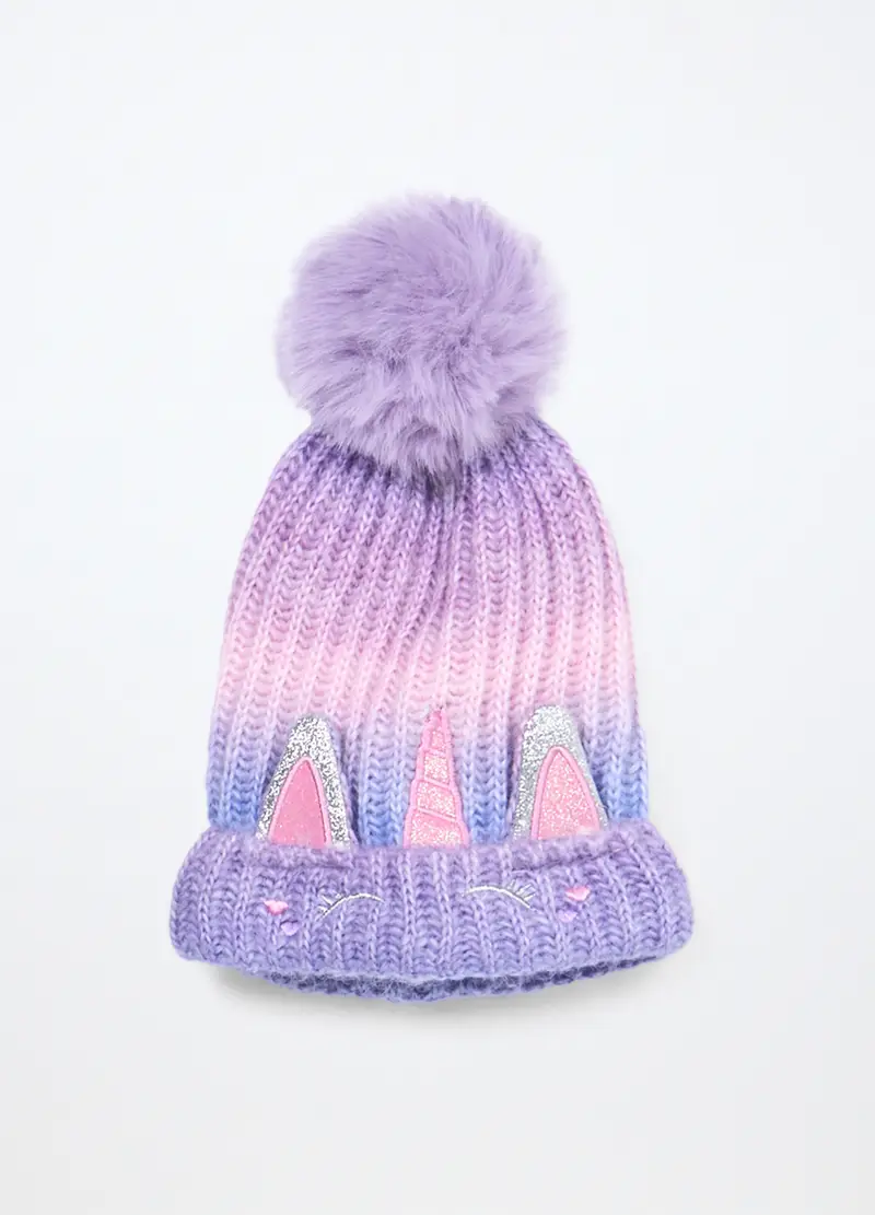 Berretto Tricot Con Pon Pom, Bambina, Viola lilla