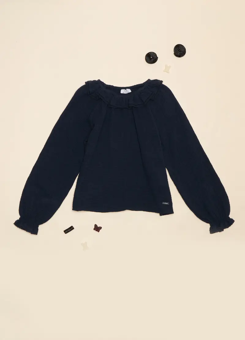 Blusa In Cotone, Bambina, Blu scuro