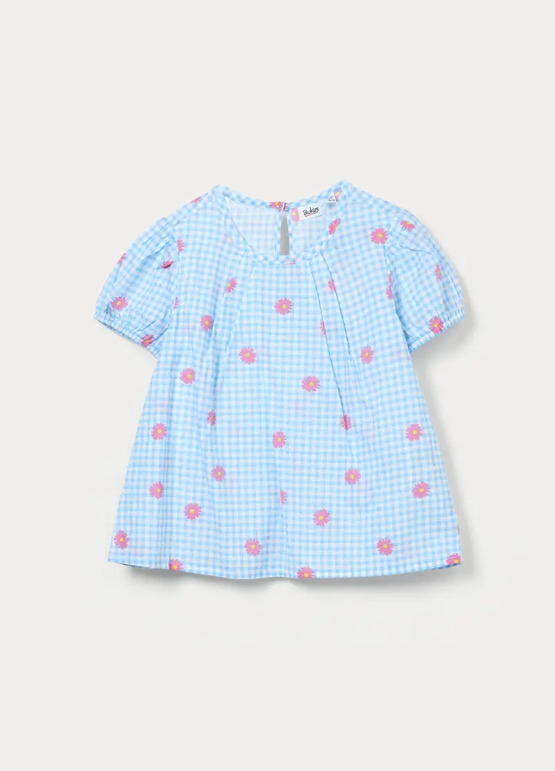 Blusa In Popeline Di Puro Cotone Bambina, Bianco/Azzurro