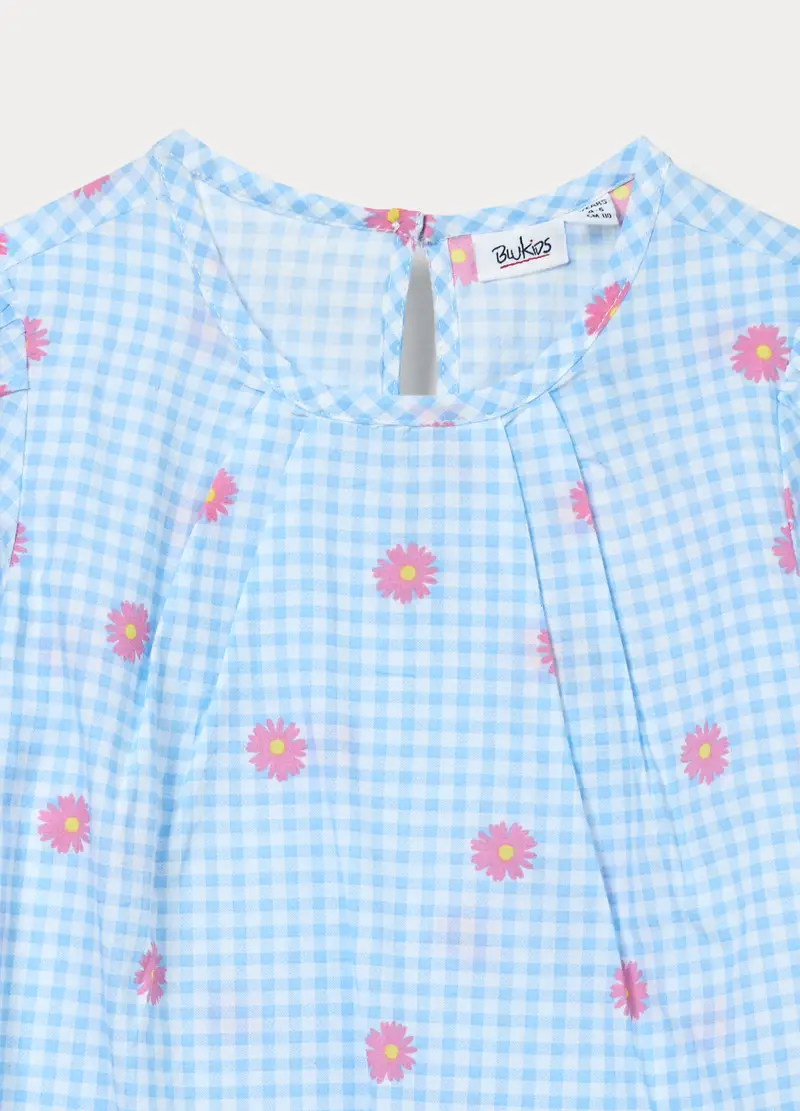 Blusa In Popeline Di Puro Cotone Bambina, Bianco/Azzurro miniatura 3