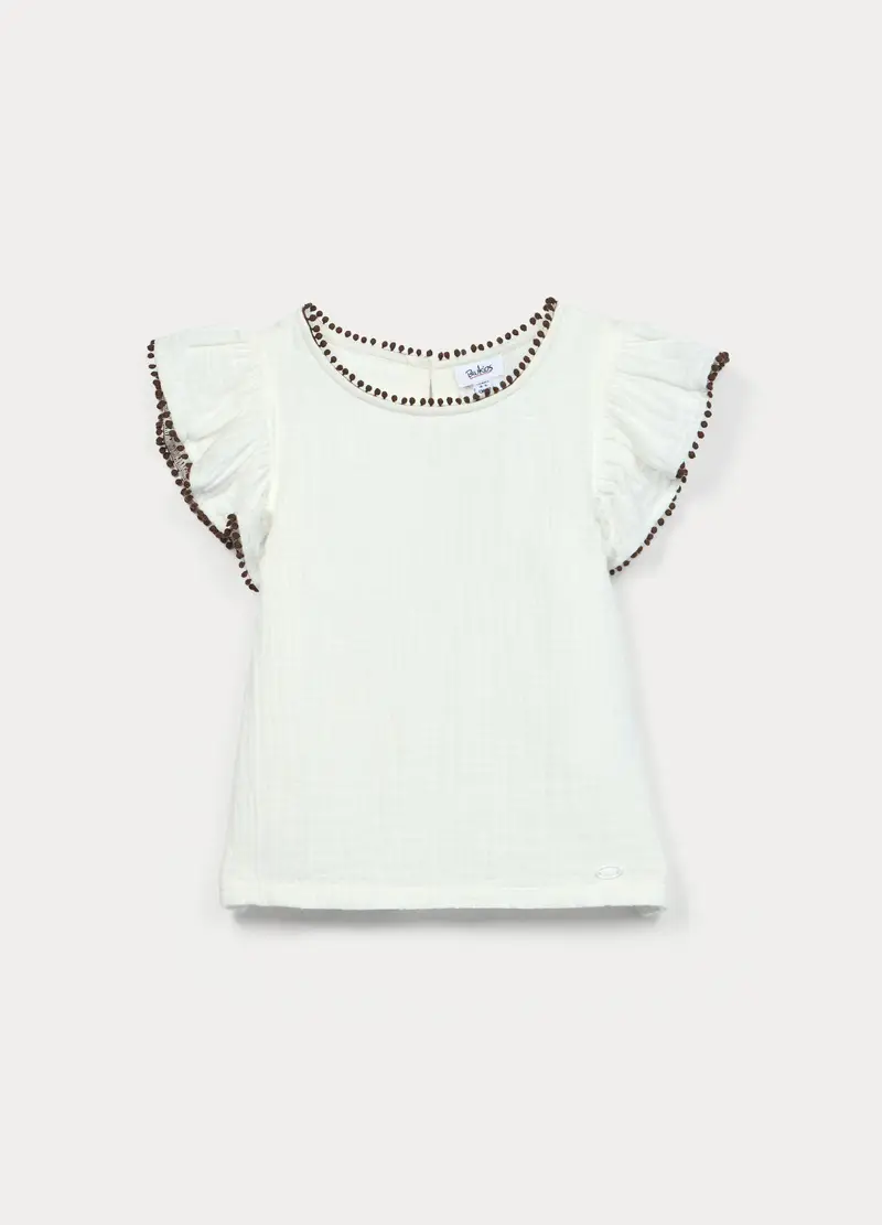 Blusa In Puro Cotone Bambina, Bianco/Marrone