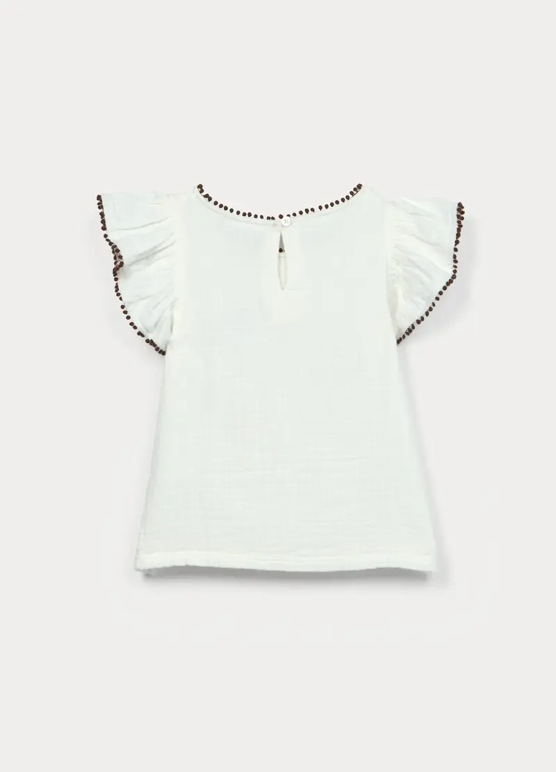 Blusa In Puro Cotone Bambina, Bianco/Marrone miniatura 2