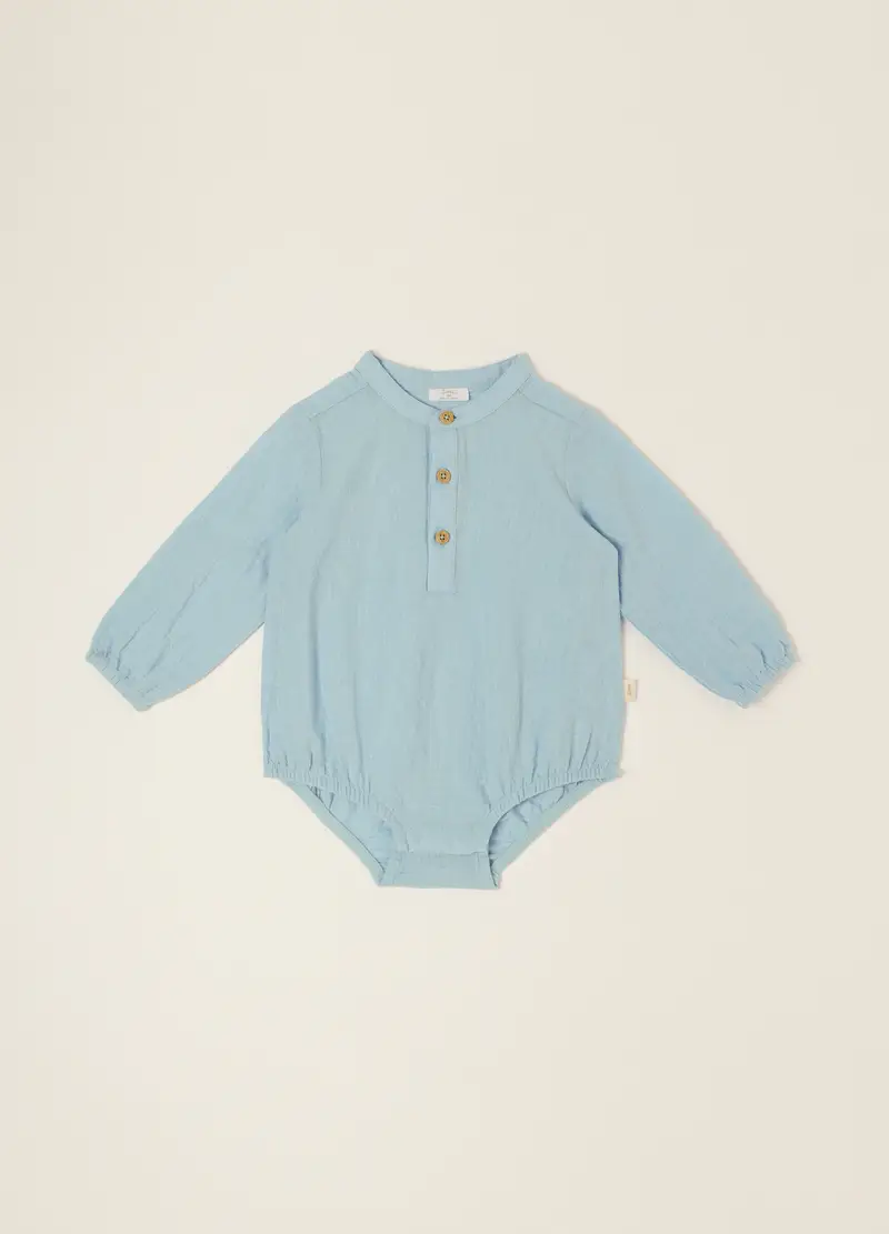 Body Azzurro In Misto Cotone E Lino A Maniche Lunghe, Neonato, Denim