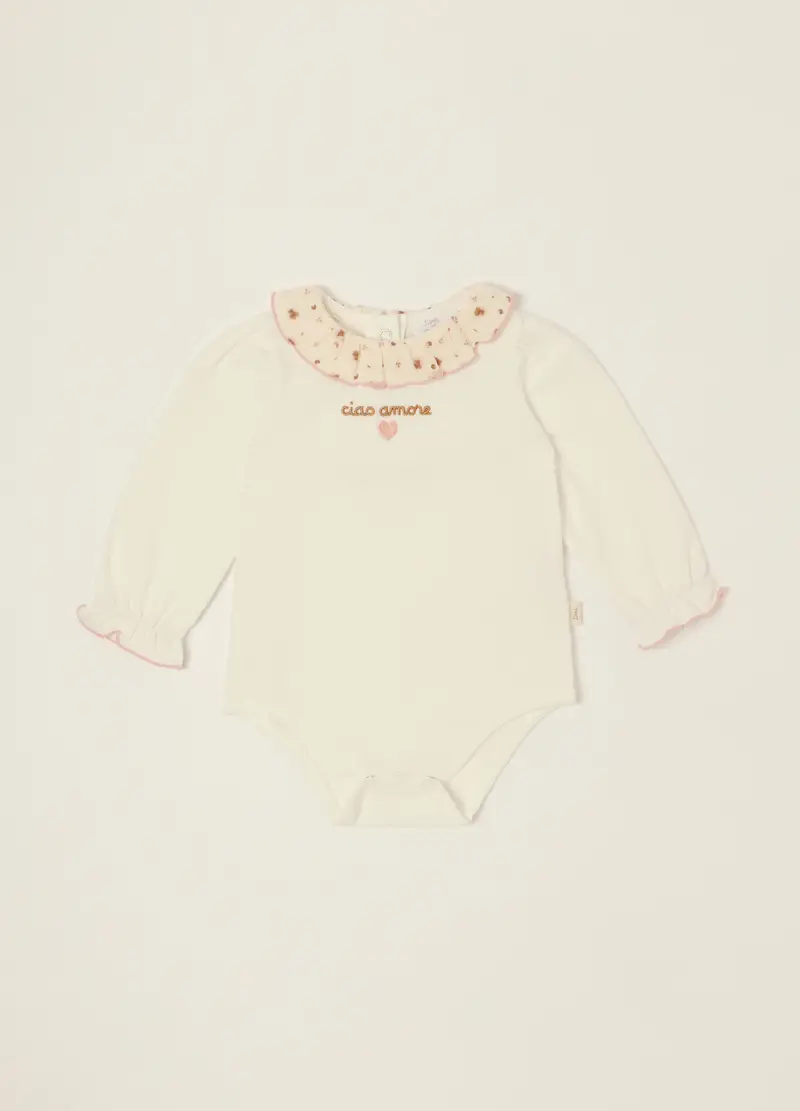 Body Bianco In Cotone Elasticizzato Con Colletto Decorato, Neonata, Beige