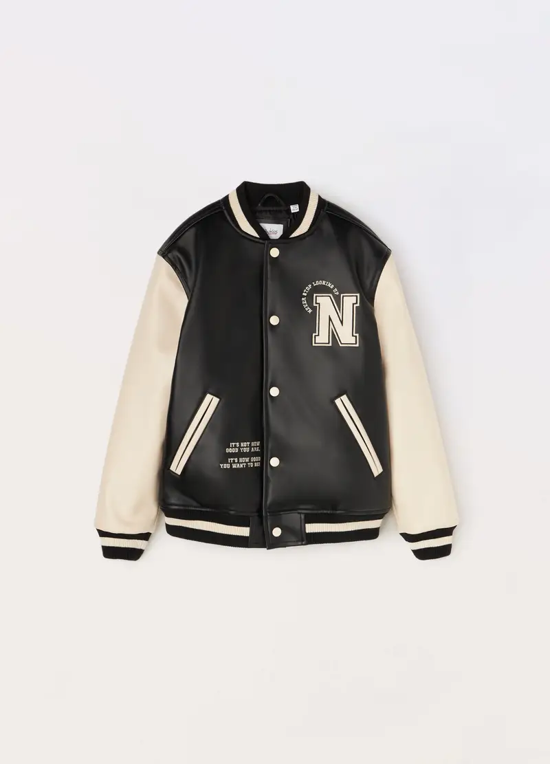 Blukids, Bomber Varsity In Eco Pelle Ragazzo, Bambino, Nero, Taglia: 9-10