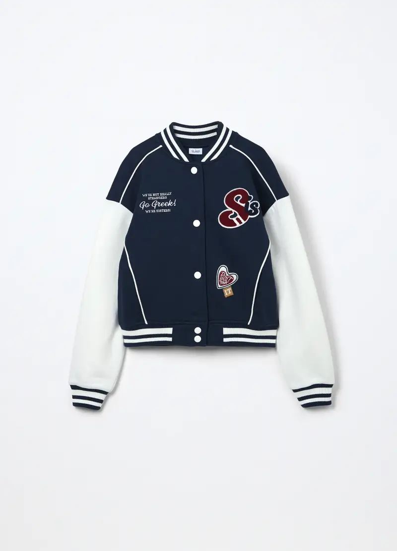 Bomber Varsity In Felpa Misto Cotone Ragazza, Bambina, Blu scuro
