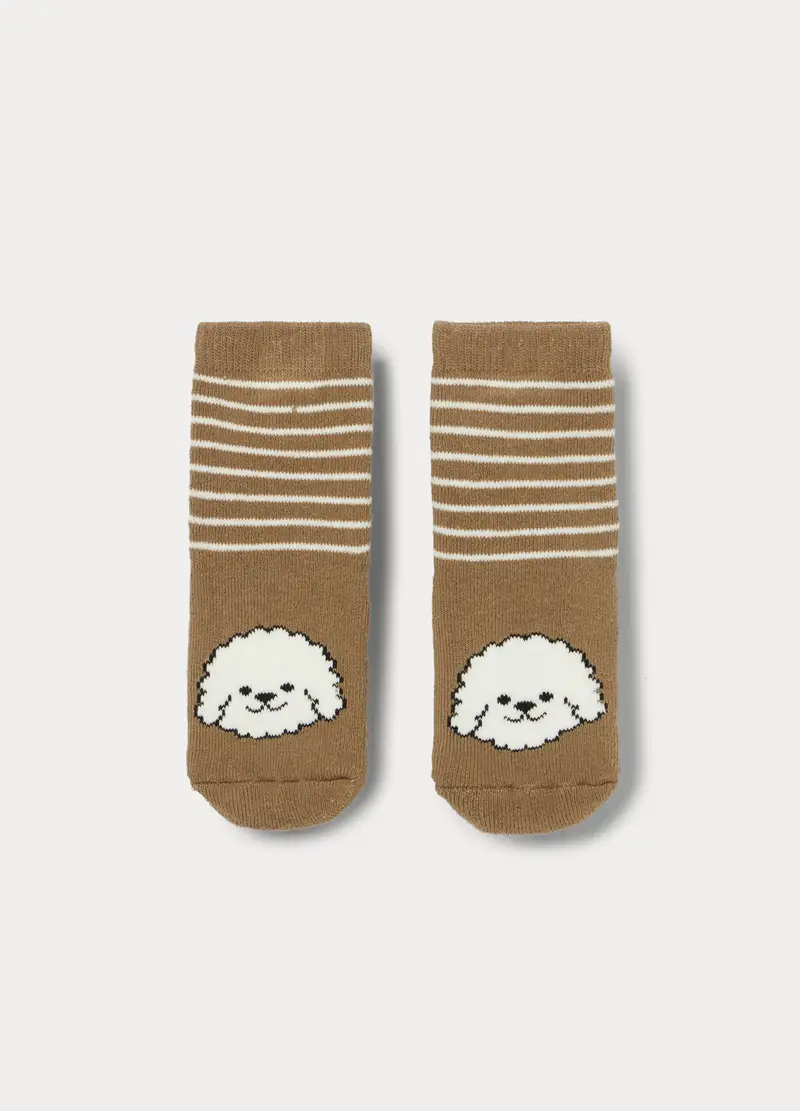 Calzini Antiscivolo In Spugna Di Misto Cotone, Neonato, Bianco/Marrone