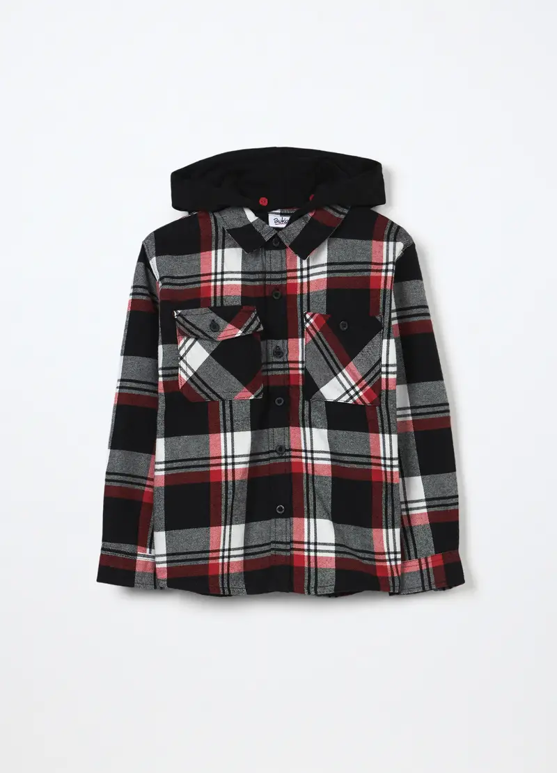 Camicia A Quadri In Flanella Di Puro Cotone Bambino, Rosso aragosta