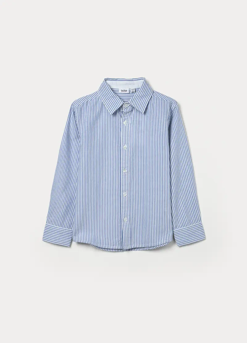 Camicia A Righe In Puro Cotone Regular Fit Bambino, Bianco/Blu