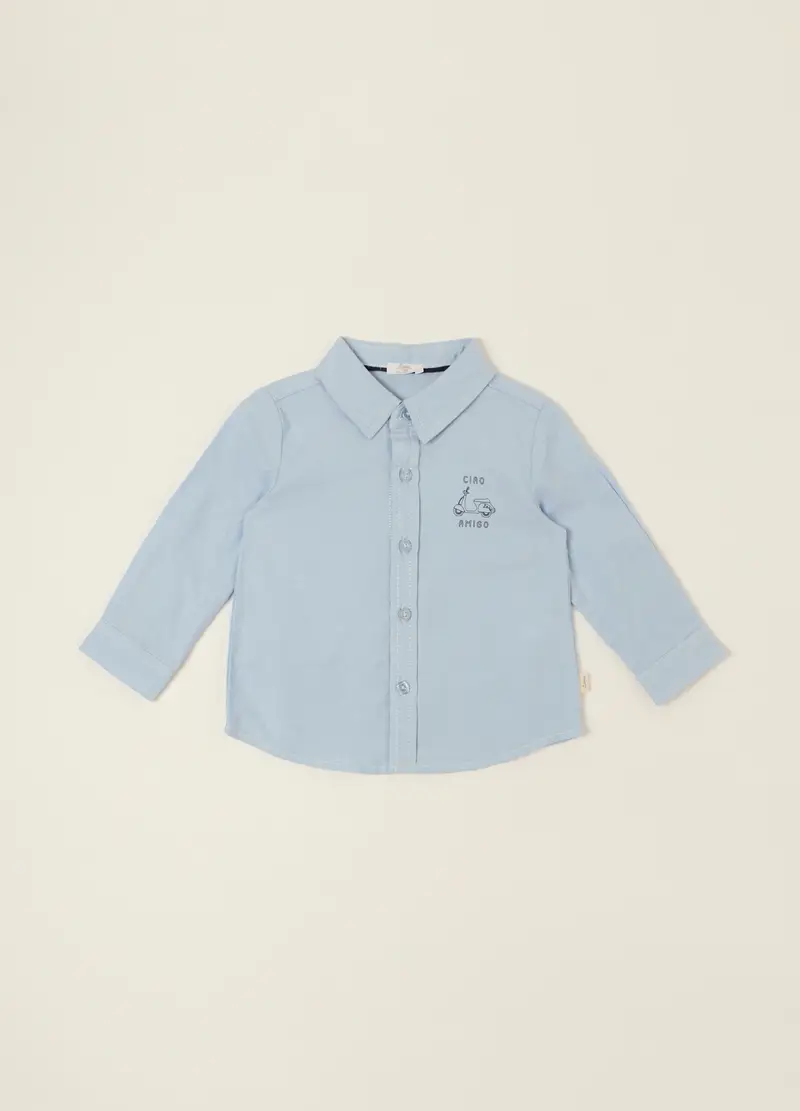 Camicia Azzurra A Maniche Lunghe In Puro Cotone, Neonato, Azzurro