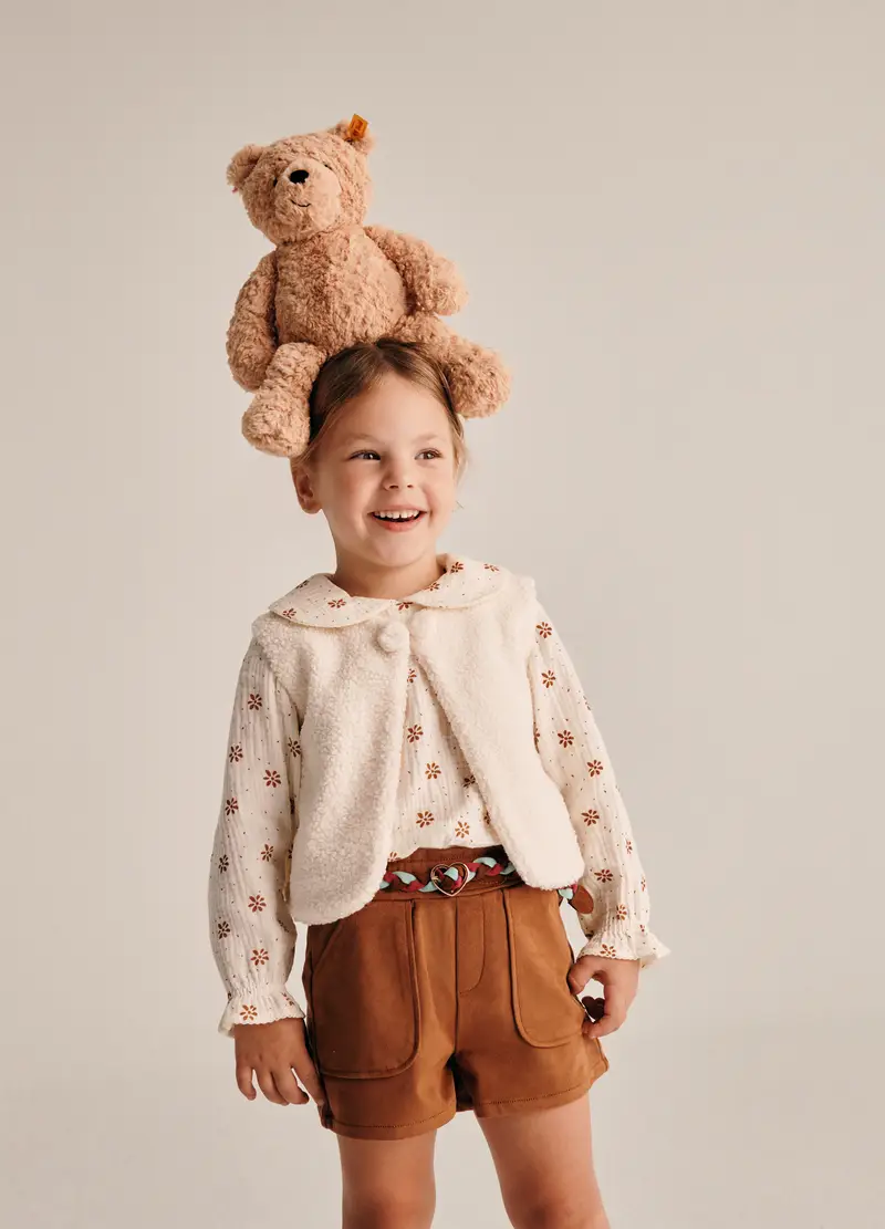 Camicia Beige A Maniche Lunghe Con Colletto Decorativo, Neonata, Beige chiaro