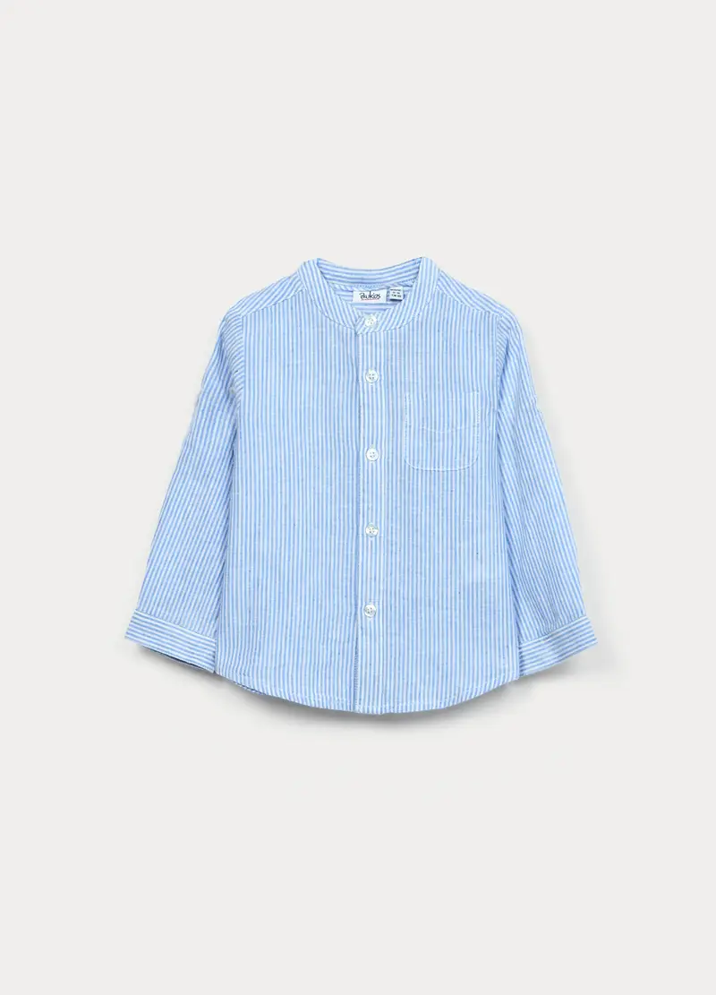 Camicia Con Collo Coreano Misto Lino Bimbo, Bambino, Azzurro chiaro