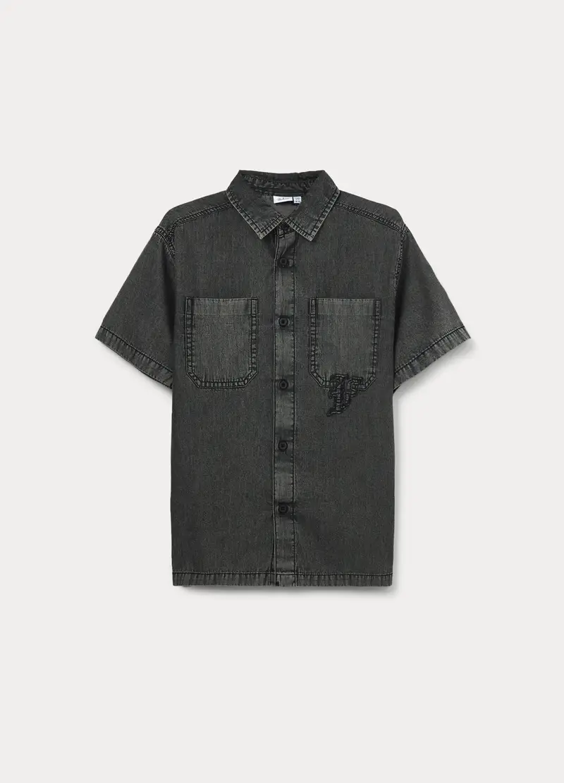 Camicia In Chambray Di Puro Cotone Ragazzo, Bambino, Nero stampa 1