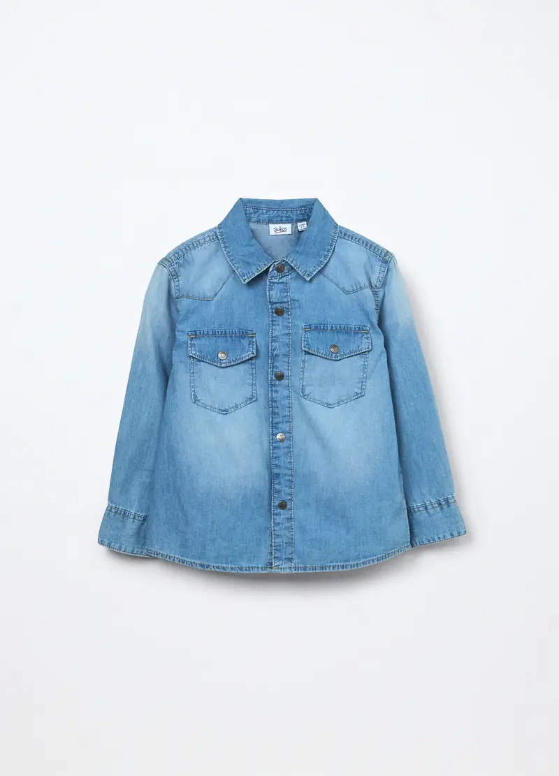 Camicia In Denim Di Puro Cotone Bambino, Azzurro chiaro