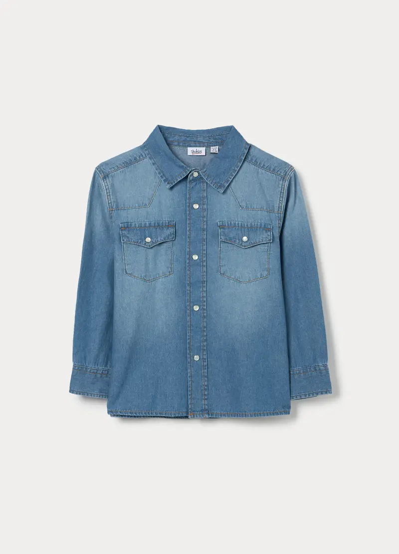 Camicia In Denim Di Puro Cotone Bambino, Blu denim