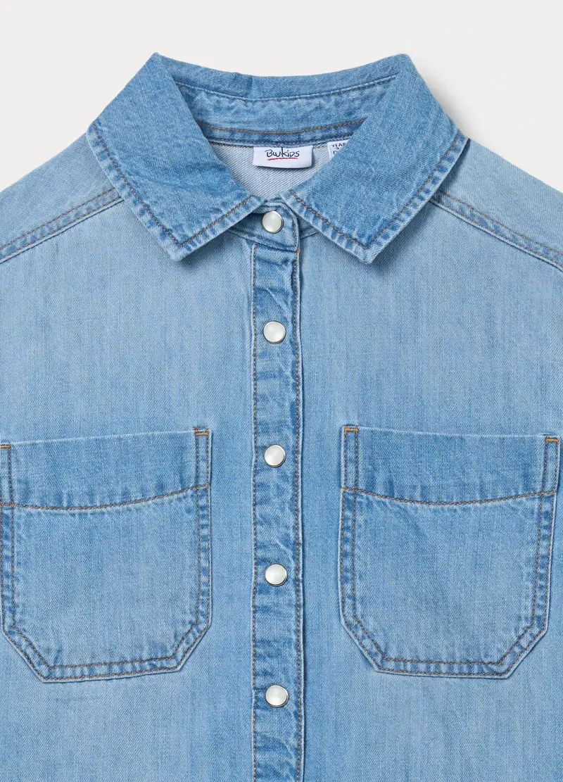 Camicia In Denim Di Puro Cotone Ragazza, Bambina, Azzurro chiaro miniatura 3