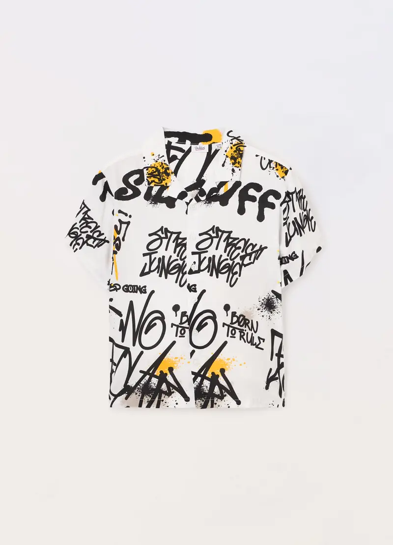 Blukids, Camicia In Pura Viscosa Con Stampa Ragazzo, Bambino, Bianco, Taglia: 10-11