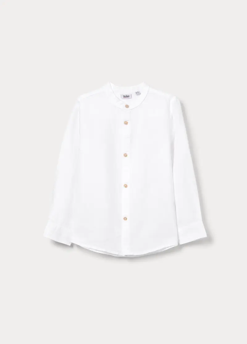 Camicia Regular Fit Con Colletto Alla Coreana Misto Lino Bambino, Bianco gesso