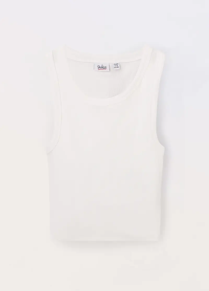 Canotta In Costina Di Cotone Stretch Ragazza, Bambina, Bianco gesso