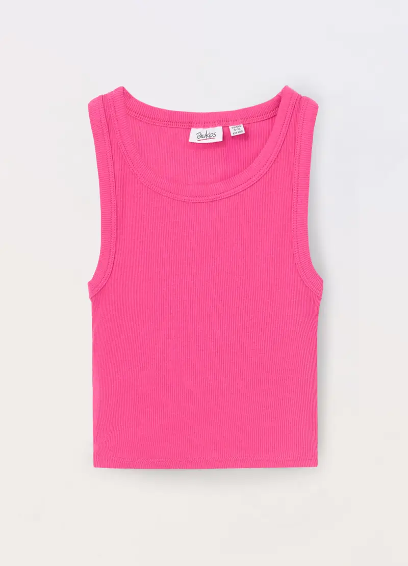 Canotta In Costina Di Cotone Stretch Ragazza, Bambina, Rosa fuxia