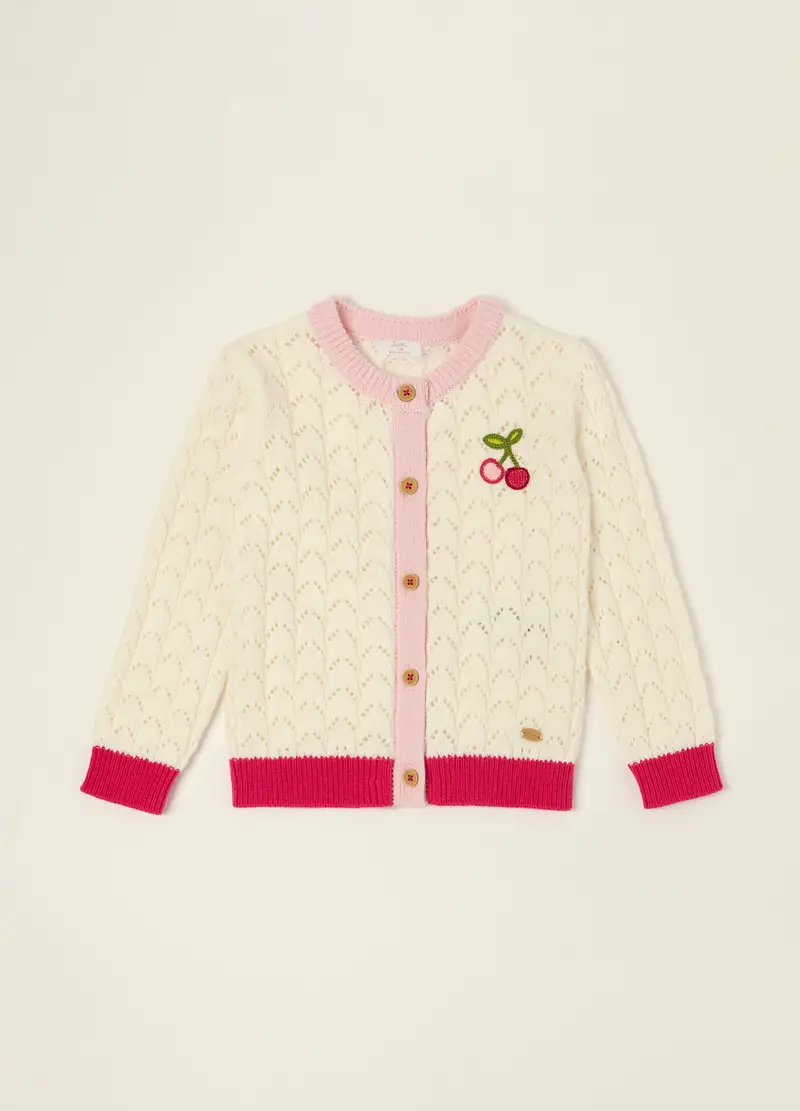 Cardigan Bianco In Puro Cotone, Neonata, Beige/Rosso