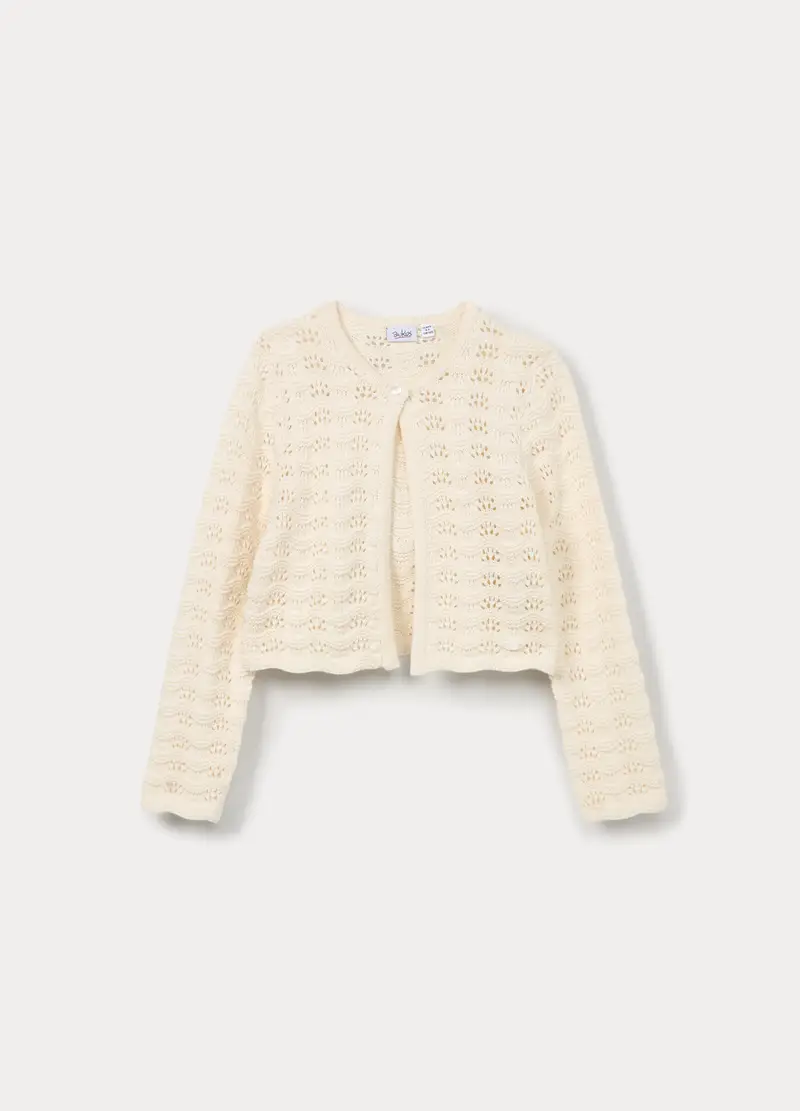 Cardigan Operato In Puro Cotone Bambina, Bianco avorio