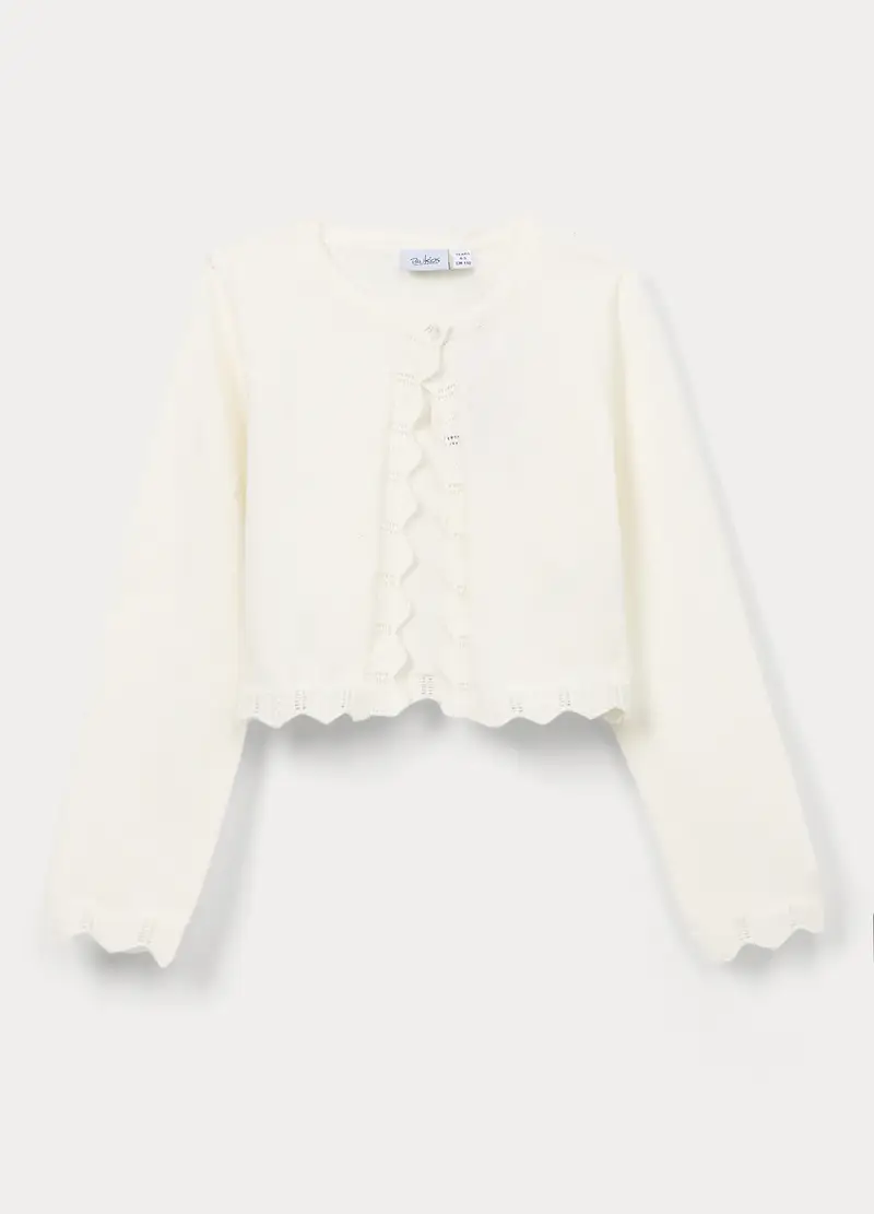 Cardigan Operato Misto Cotone Bambina, Bianco panna