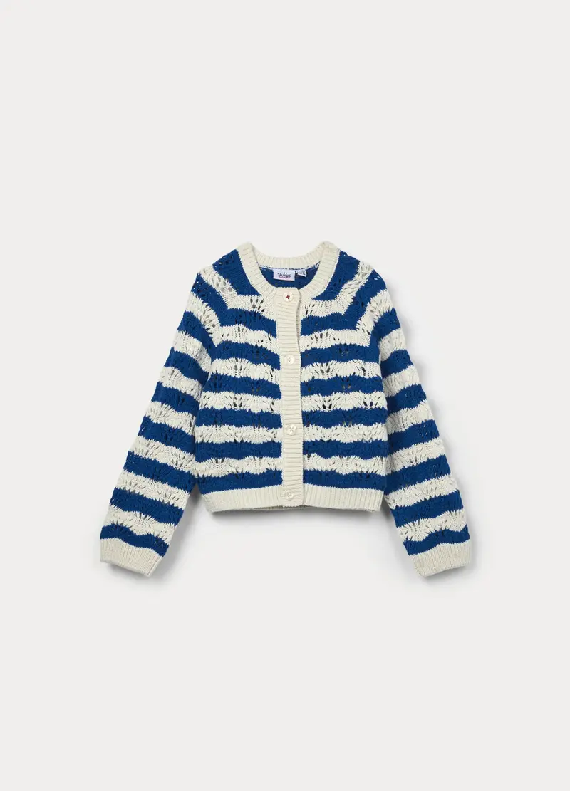 Cardigan Tricot In Puro Cotone Bambina, Bianco/Blu