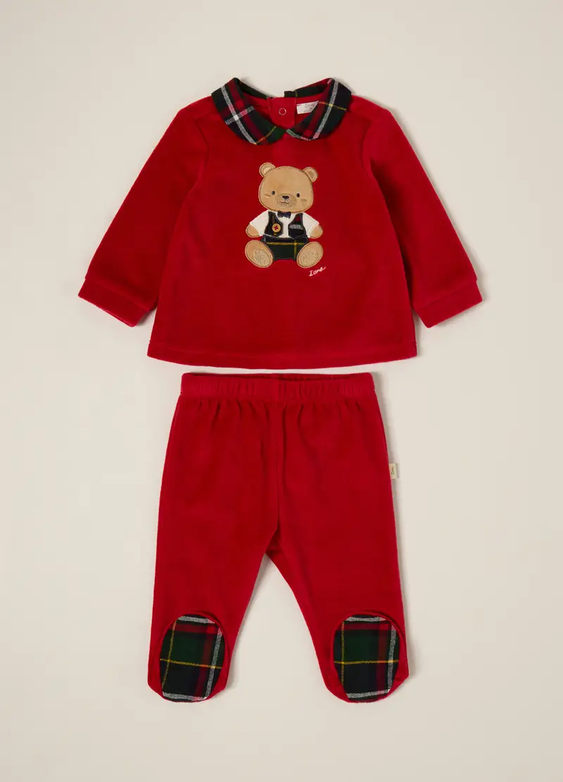 Completo Rosso In Velour Con Orsetto, Neonato, Beige/Rosso