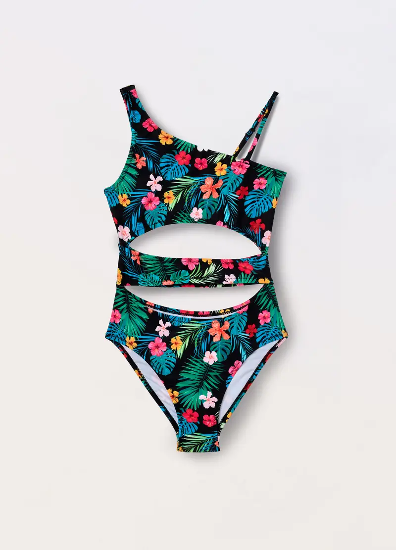 Costume Intero Floreale Ragazza, Unisex, Nero stampa 1