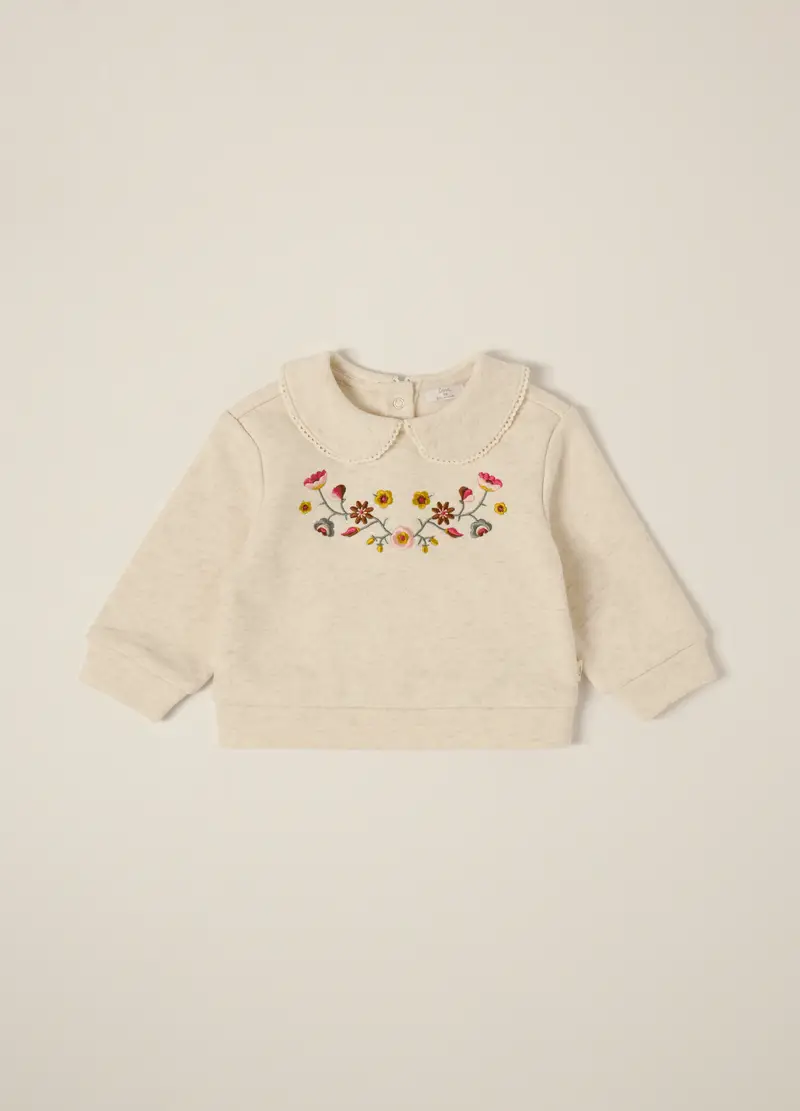 Felpa Beige Con Colletto Ricamato Per Neonata, Beige chiaro
