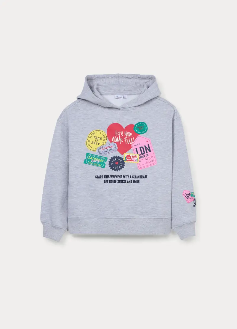 Felpa Con Cappuccio In French Terry Misto Cotone Ragazza, Bambina, Grigio chiaro melange