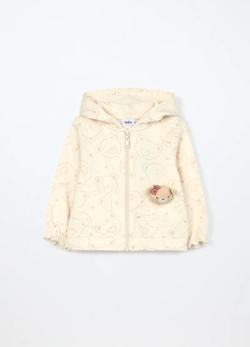 Felpa Con Cappuccio In Puro Cotone Neonata, Bambina, Bianco panna