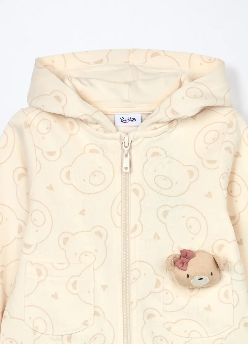 Felpa Con Cappuccio In Puro Cotone Neonata, Bambina, Bianco panna miniatura 3