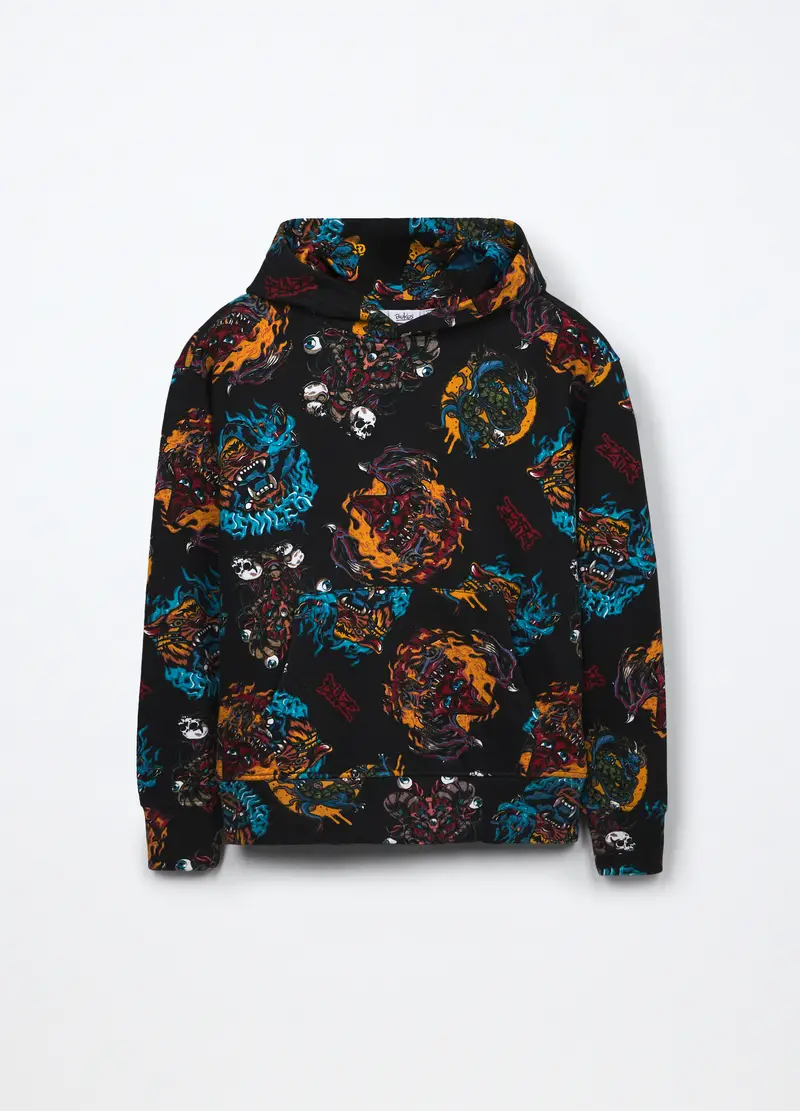 Felpa Con Cappuccio In Puro Cotone Ragazzo, Bambino, Nero stampa 1