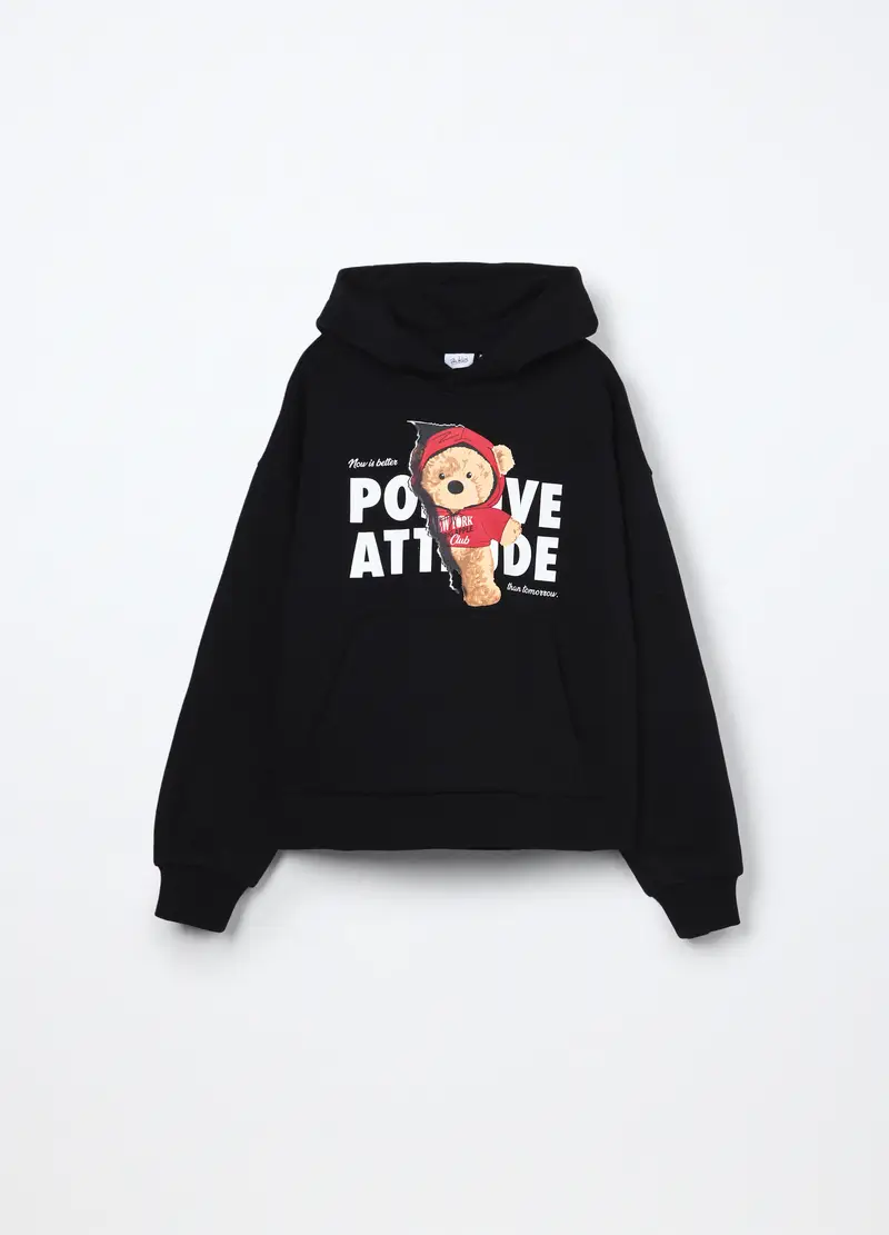 Felpa Con Cappuccio Misto Cotone Ragazza, Bambina, Nero stampa 1