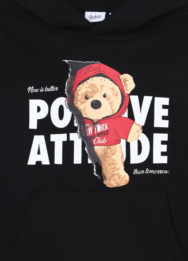 Felpa Con Cappuccio Misto Cotone Ragazza, Bambina, Nero stampa 1 miniatura 3