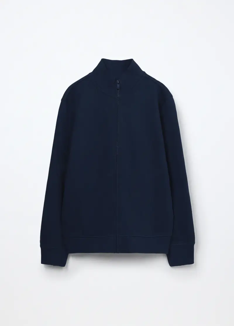 Felpa Full Zip A Collo Alto In Puro Cotone Bambino, Blu scuro
