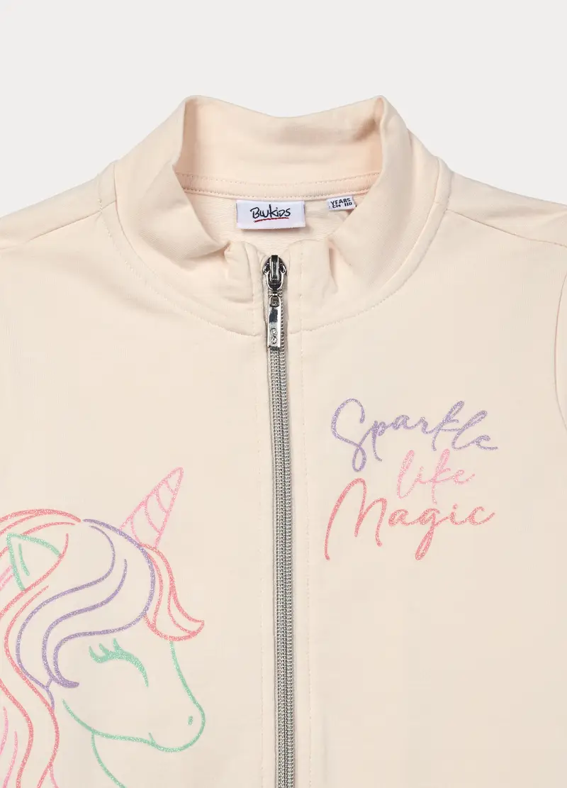 Felpa Full Zip In French Terry Di Cotone Stretch Bambina, Bianco avorio miniatura 3