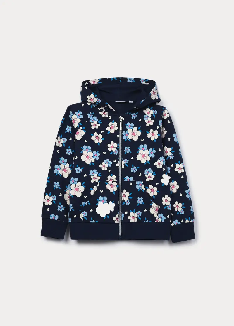 Felpa Full Zip In French Terry Di Puro Cotone Bambina, Blu scuro