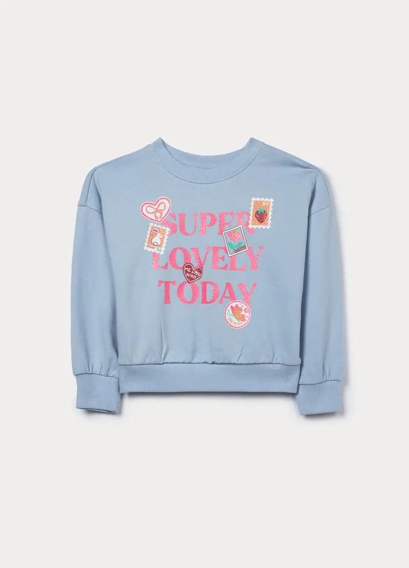 Felpa Girocollo In French Terry Di Puro Cotone Bambina, Azzurro chiaro