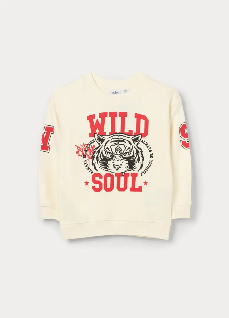 Felpa Girocollo In French Terry Di Puro Cotone Bambino, Bianco panna