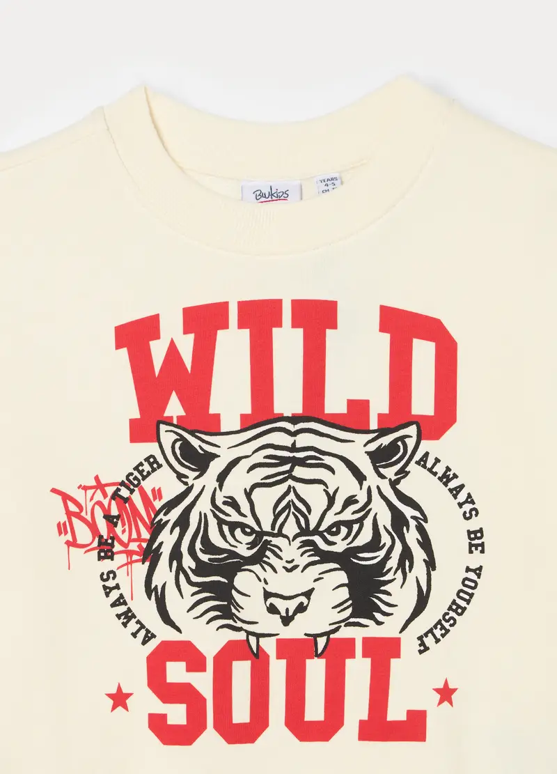 Felpa Girocollo In French Terry Di Puro Cotone Bambino, Bianco panna miniatura 3