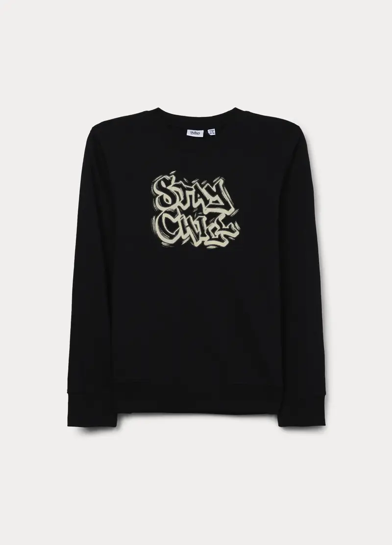 Felpa Girocollo In French Terry Di Puro Cotone Ragazzo, Bambino, Nero