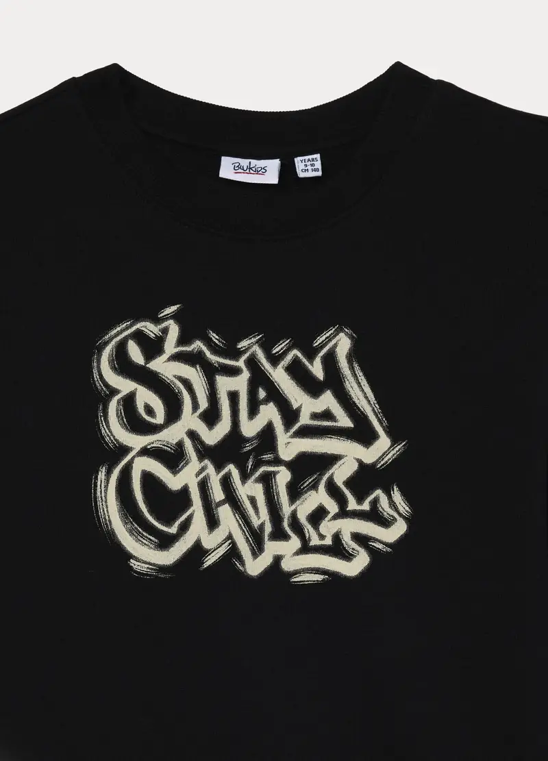 Felpa Girocollo In French Terry Di Puro Cotone Ragazzo, Bambino, Nero miniatura 3