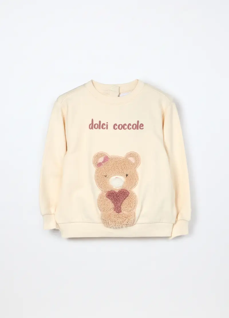 Felpa In Cotone Fleece Stretch Neonata, Bambina, Beige chiaro