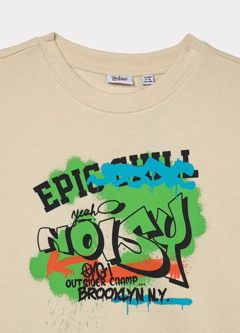 Felpa In French Terry Di Puro Cotone Ragazzo, Bambino, Beige chiaro miniatura 3