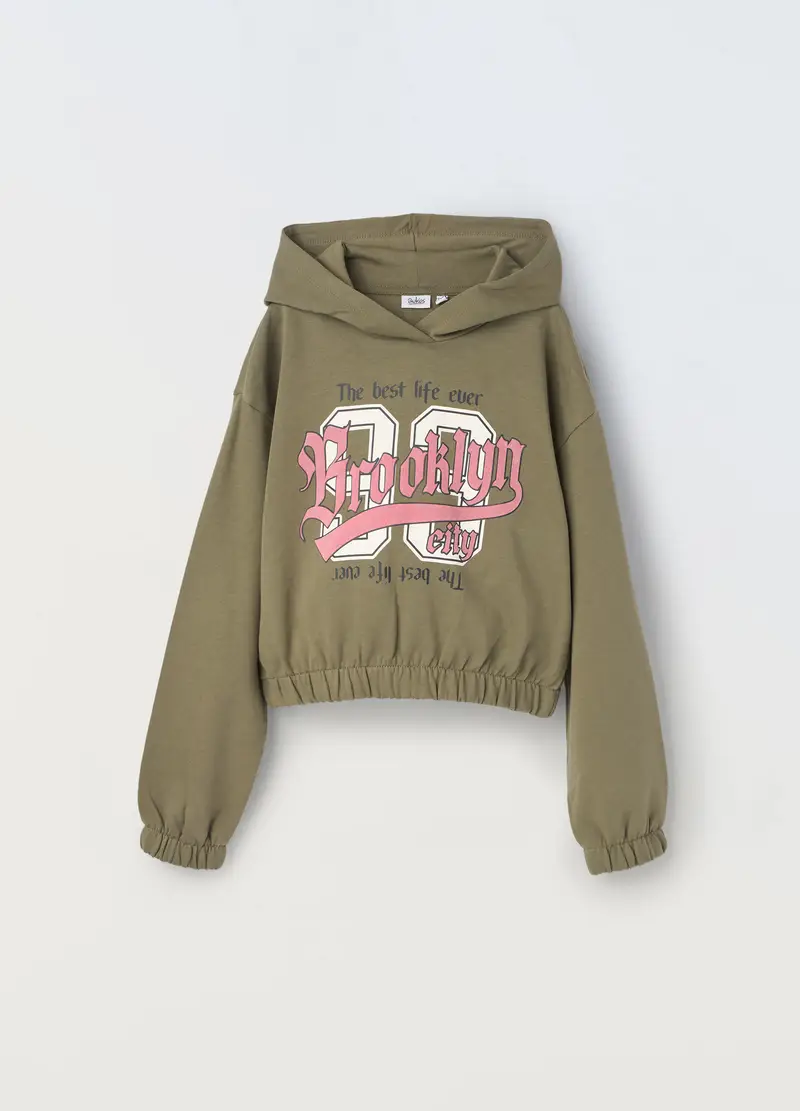 Felpa In Puro Cotone Con Cappuccio Ragazza, Bambina, Verde oliva