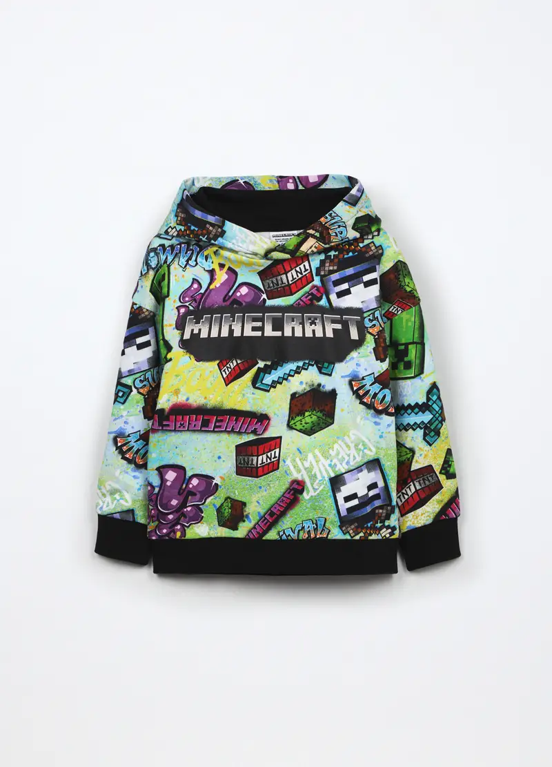Felpa Minecraft In Puro Cotone Con Cappuccio Bambino, Nero stampa 1
